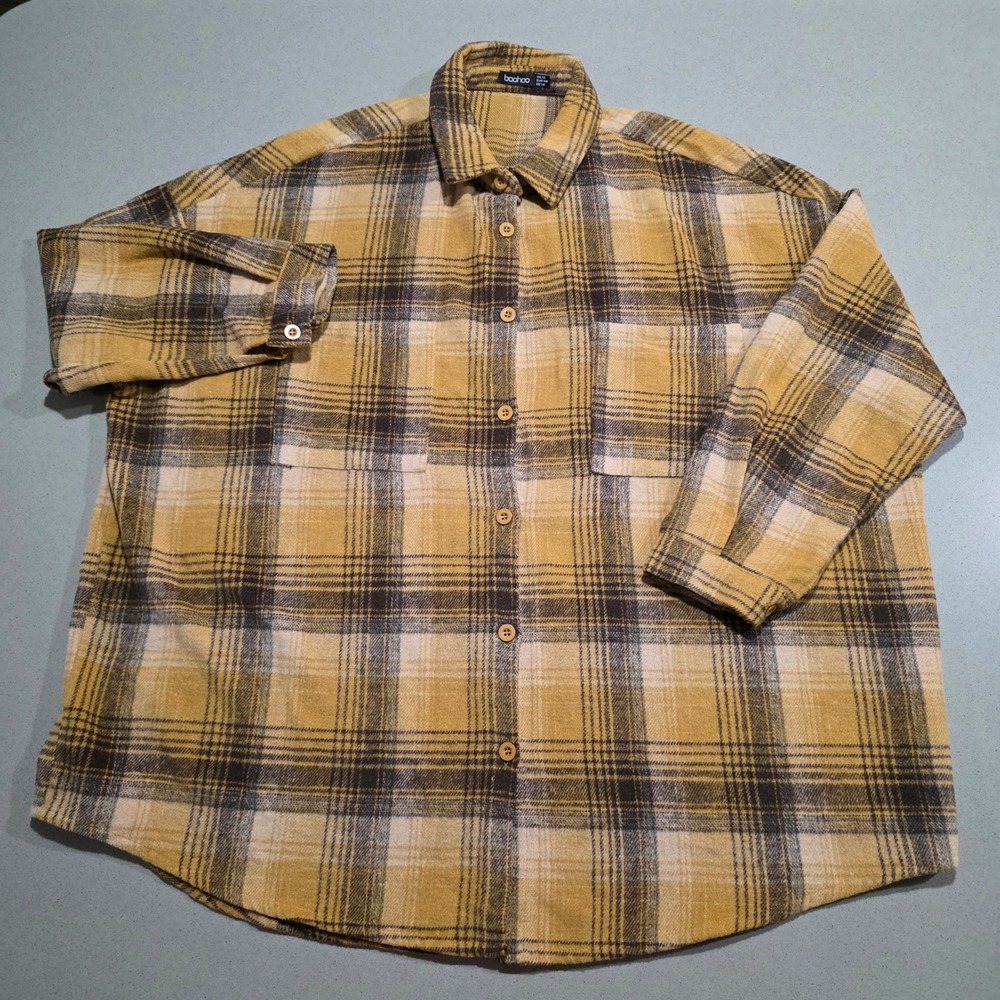 Boohoo Mustard Yellow Plaid Flannel Oversized Button Down Shirt US 14 L XL